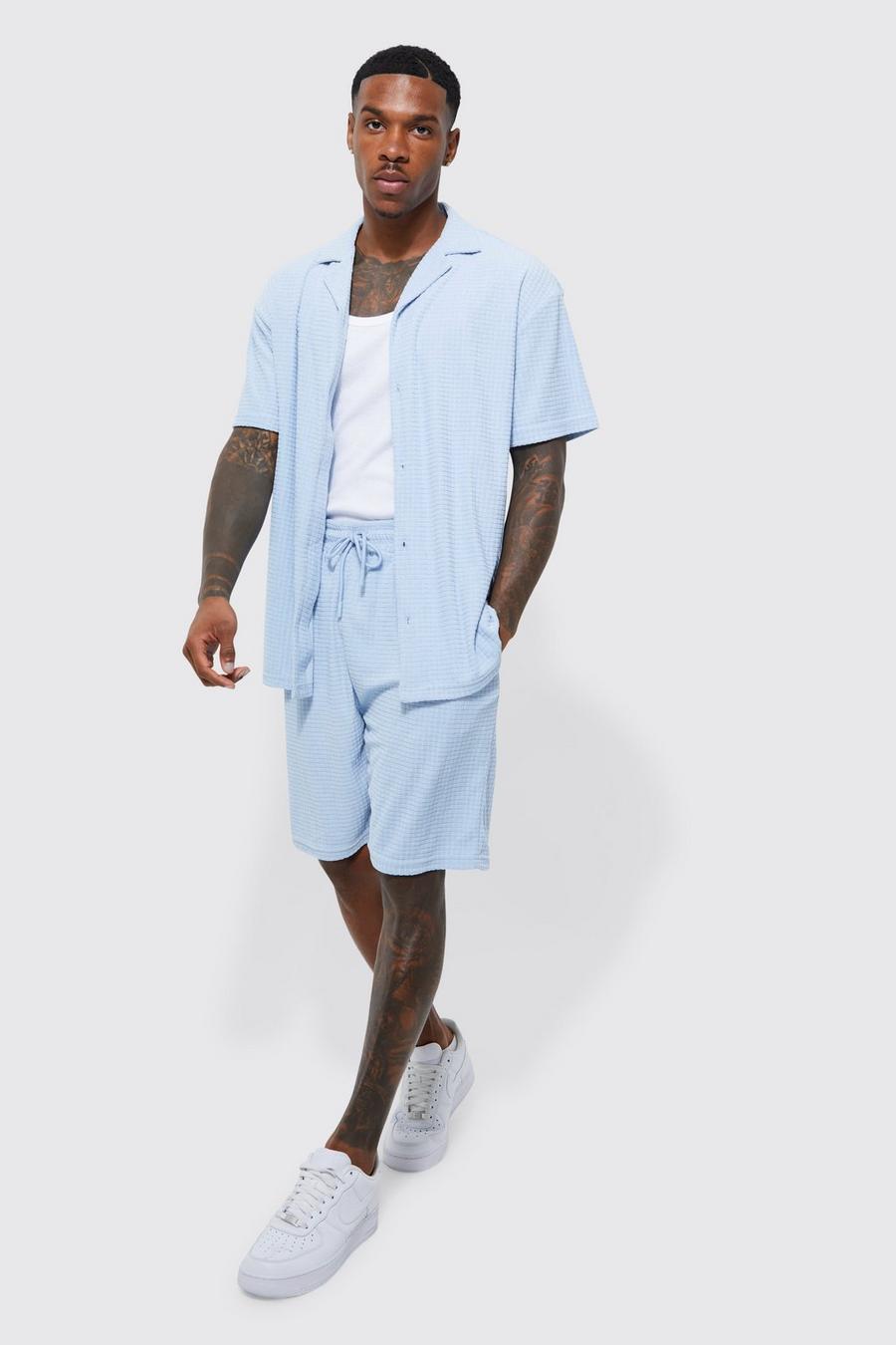 Dusty blue blå Waffle Towelling Shirt And Short Set 