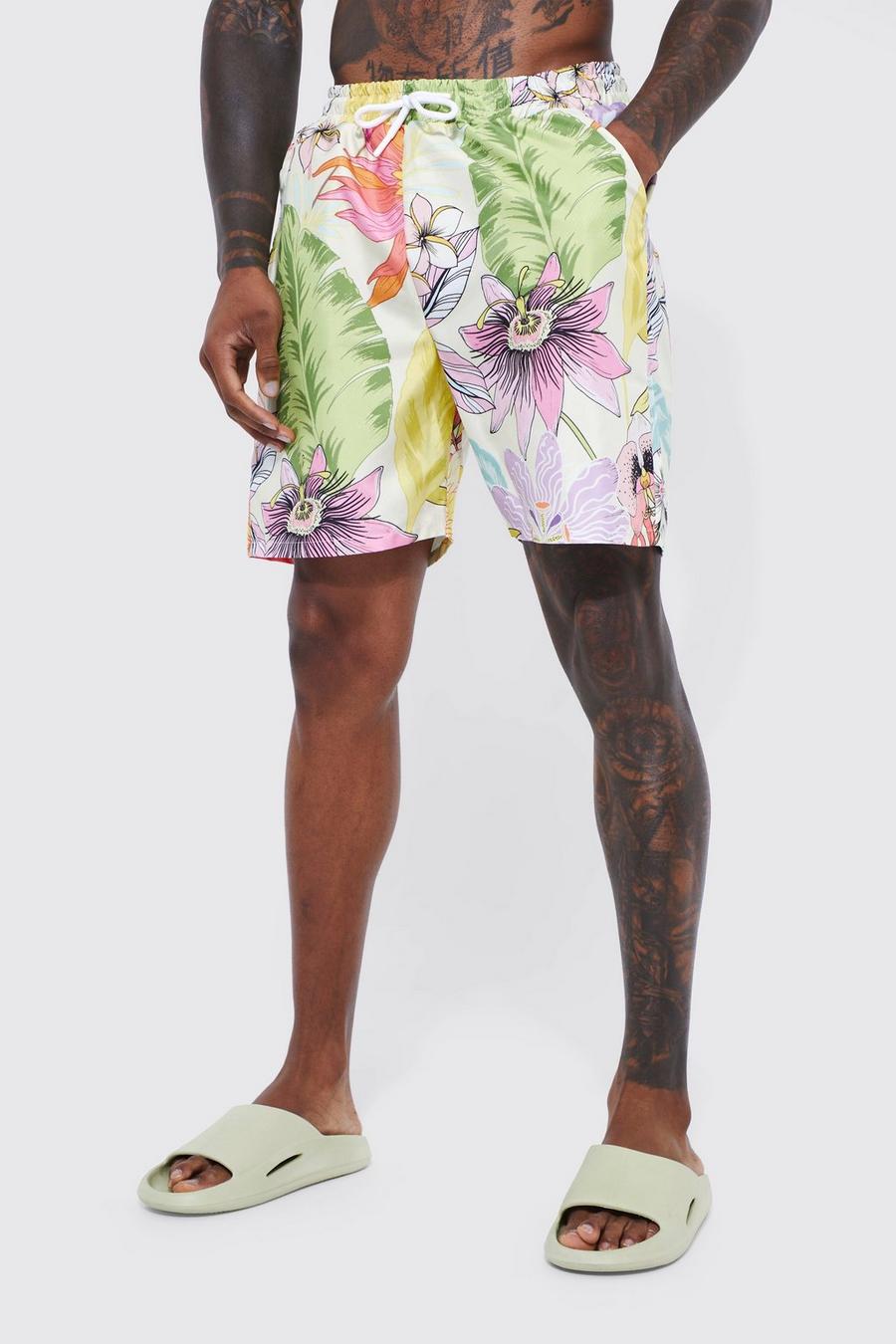 Ecru bianco Mid Length Floral Swim Shorts