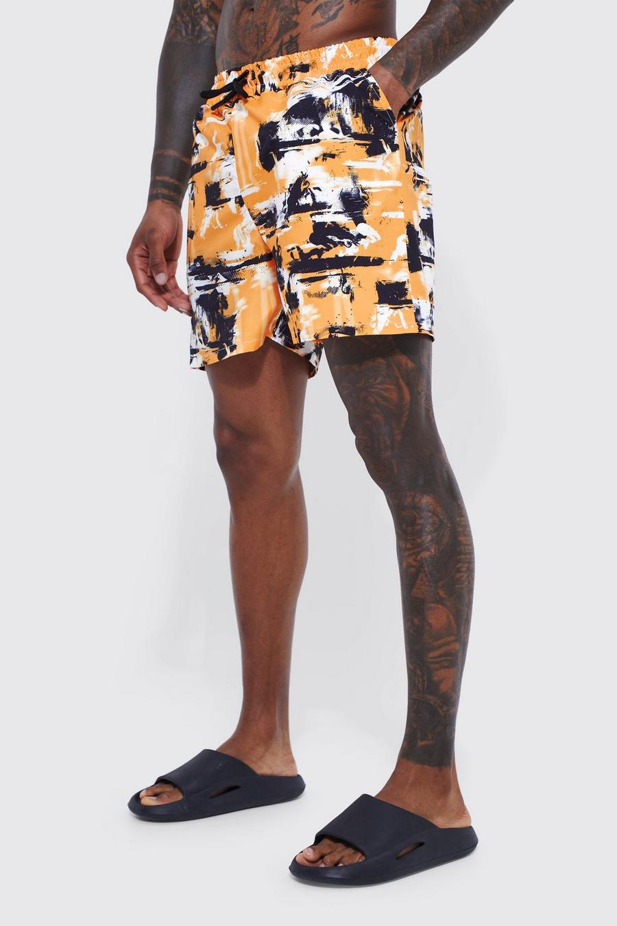 Orange Short Length Abstract Swim Shorts image number 1