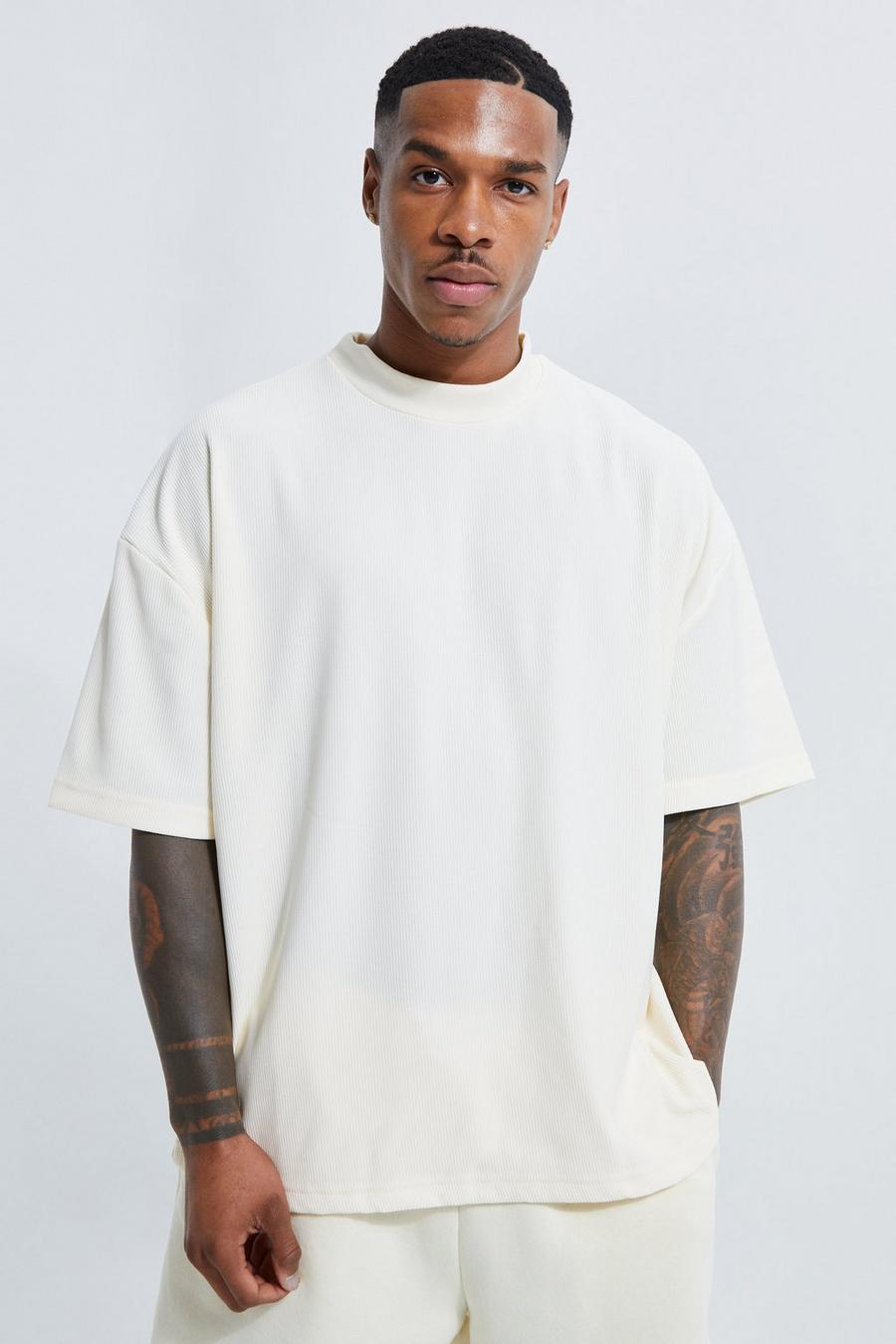 Ecru vit Oversize ribbad t-shirt med hög halsmudd