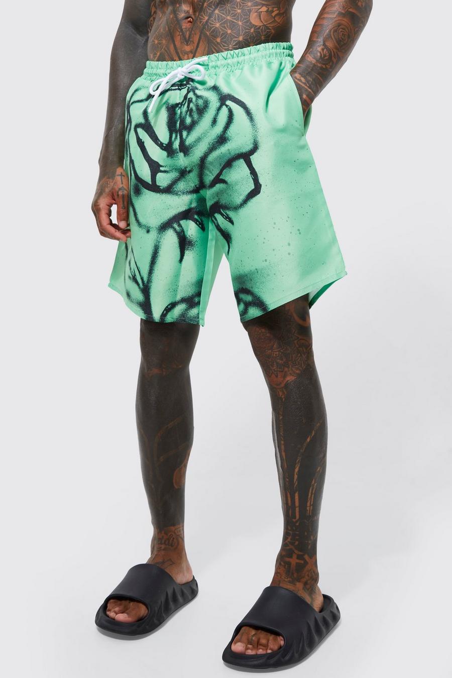 Green Long Length Graphic Swim Shorts image number 1