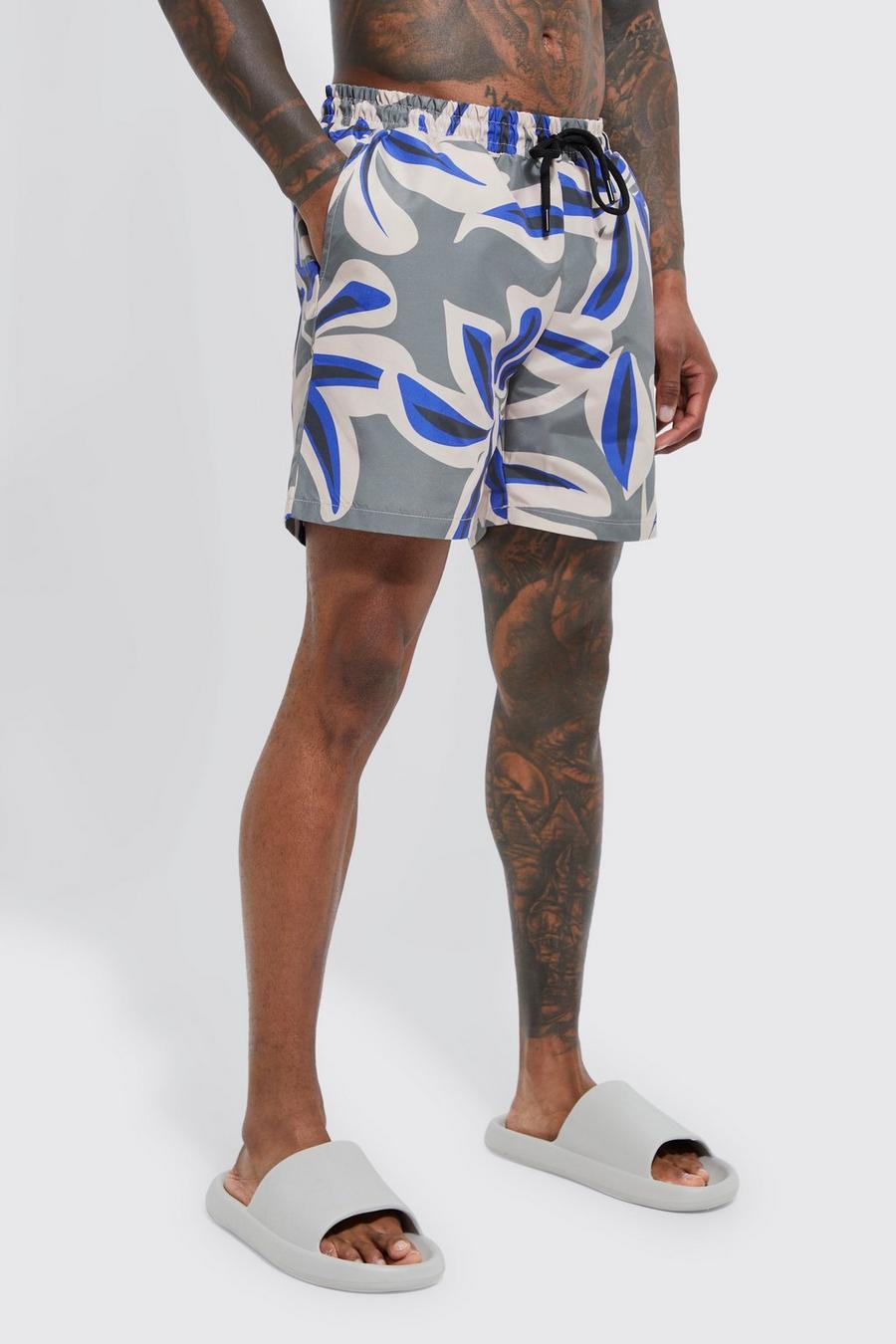Khaki Mid Length Floral Swim Shorts
