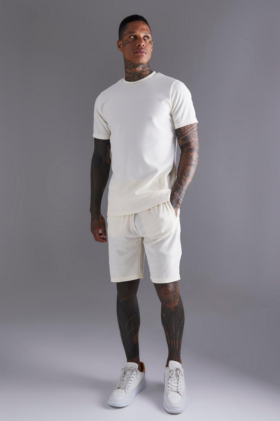 Ecru white Slim Fit Rib T-shirt And Short Set  
