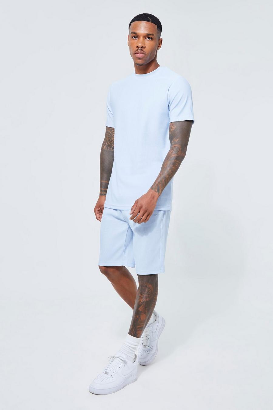 Geripptes Slim-Fit T-Shirt & Shorts, Light blue image number 1