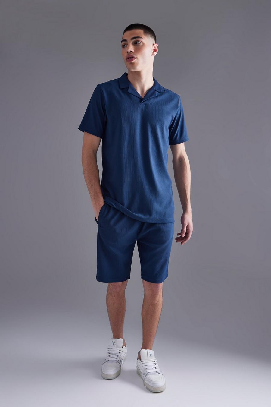 Navy Geribbelde Slim Fit Polo En Shorts Set image number 1