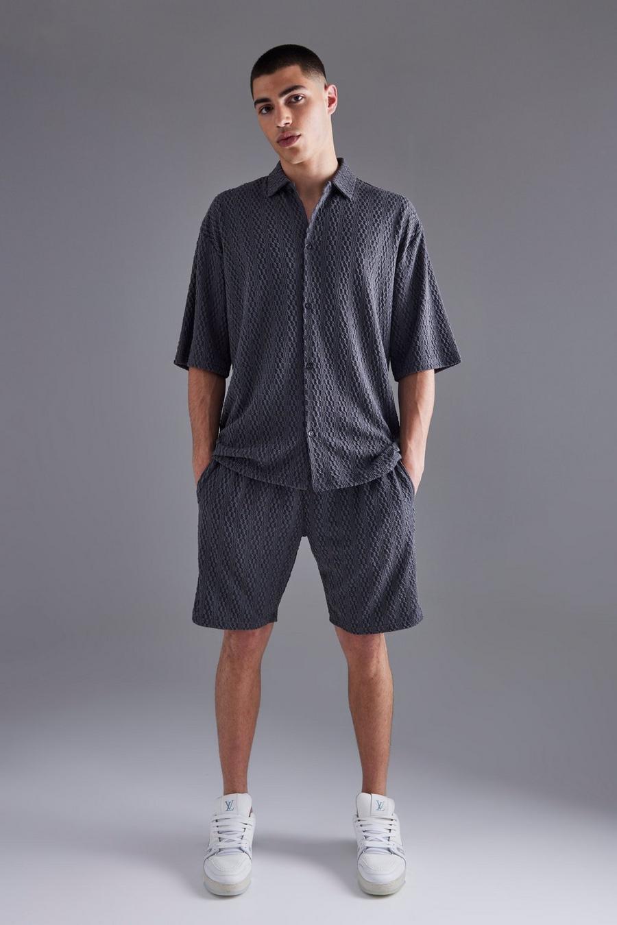 Charcoal Textured Jersey Shirt And Short  image number 1