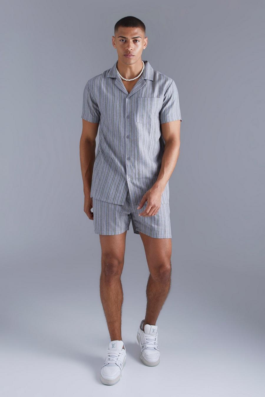 Grey Short Sleeve Drop Revere Stripe Jacquard Shirt Set