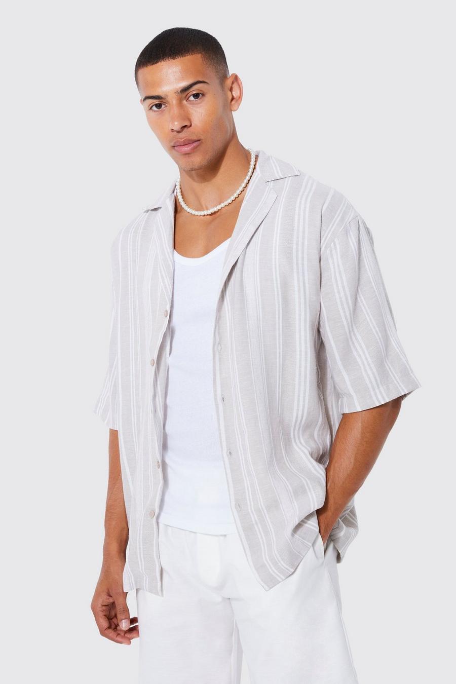 Stone beige Short Sleeve Drop Revere Textured Stripe Shirt