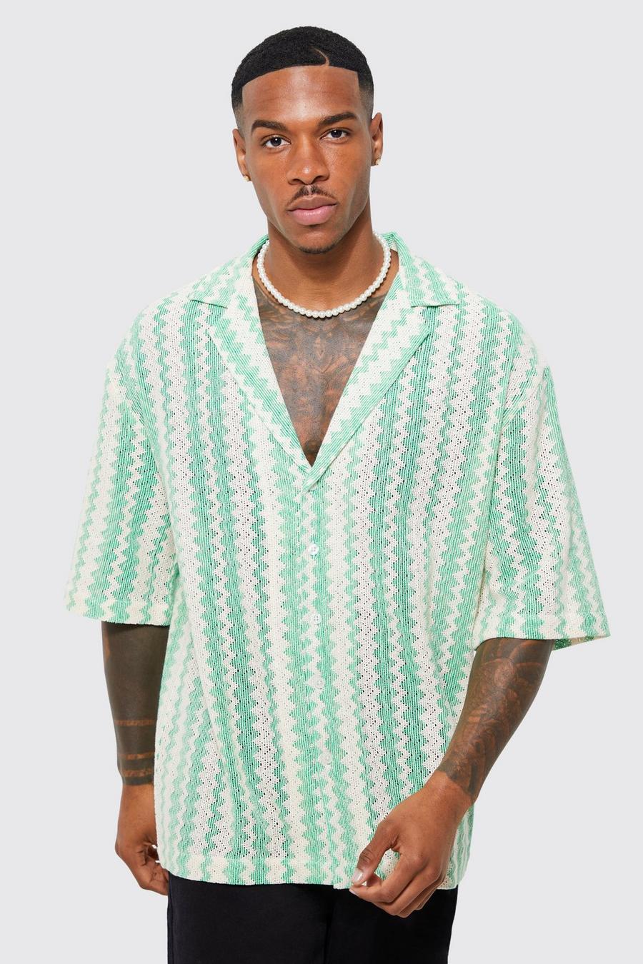 Green Short Sleeve Drop Revere Zig Zag Open Weave Shirt image number 1