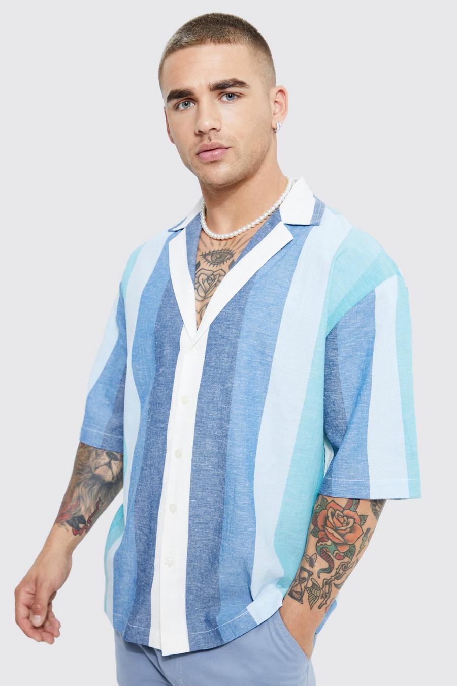 Multi Short Sleeve Drop Revere Stripe Slub Shirt image number 1