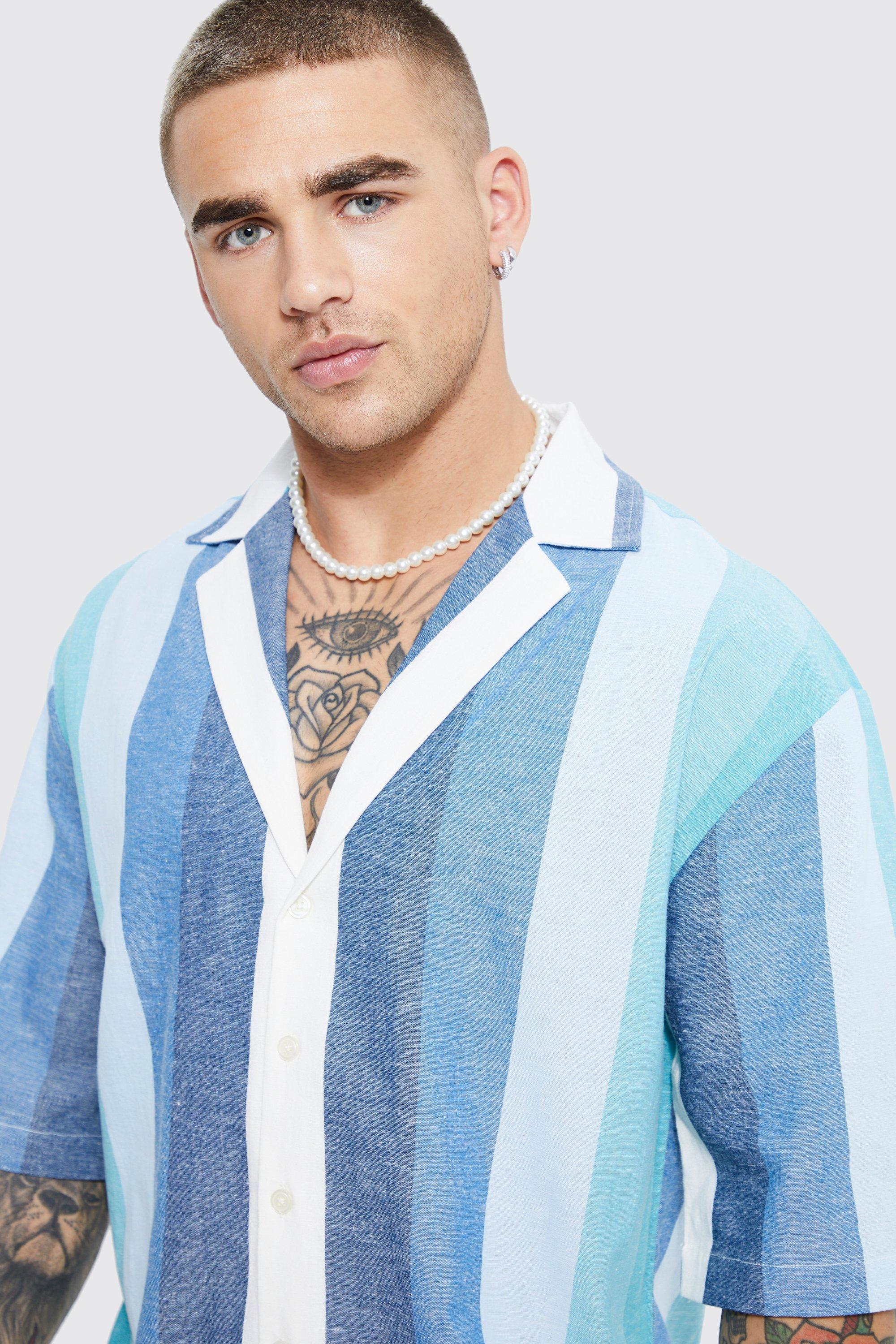 Men s Short Sleeve Drop Revere Stripe Slub Shirt Boohoo UK