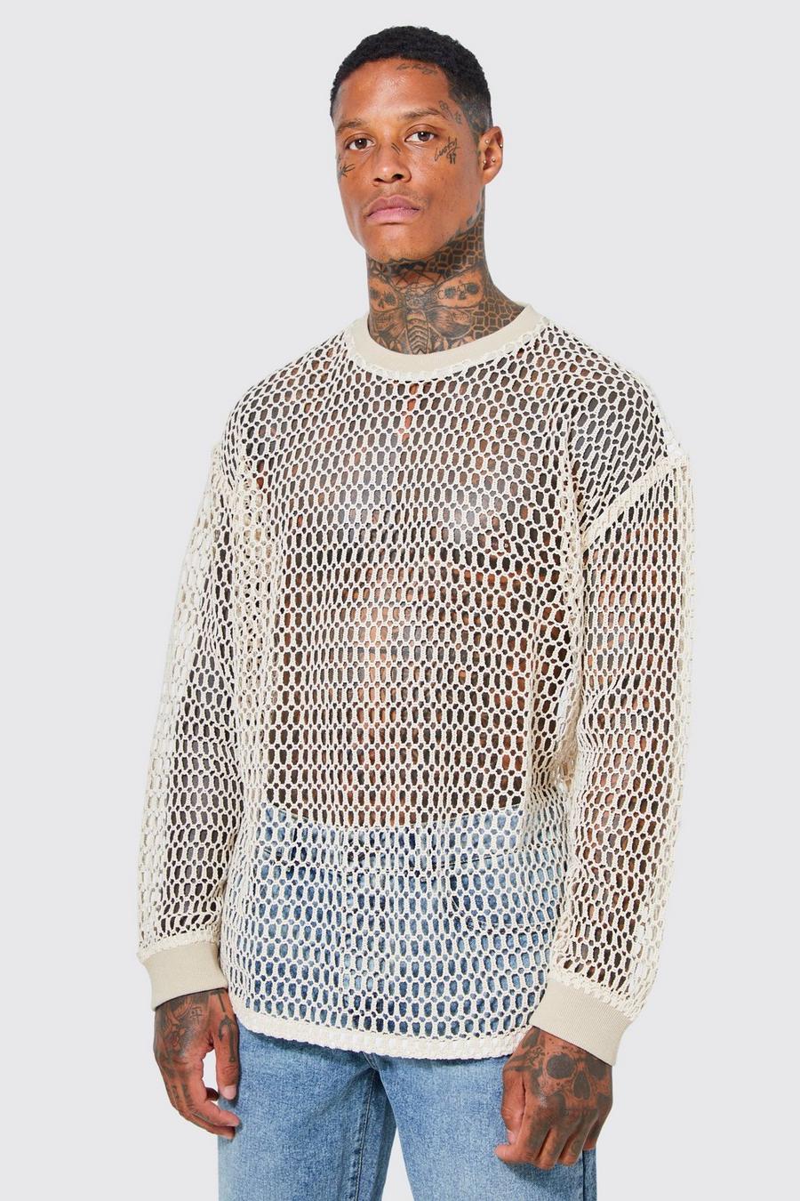 Ecru Large Scale Open Mesh Long Sleeve Top image number 1