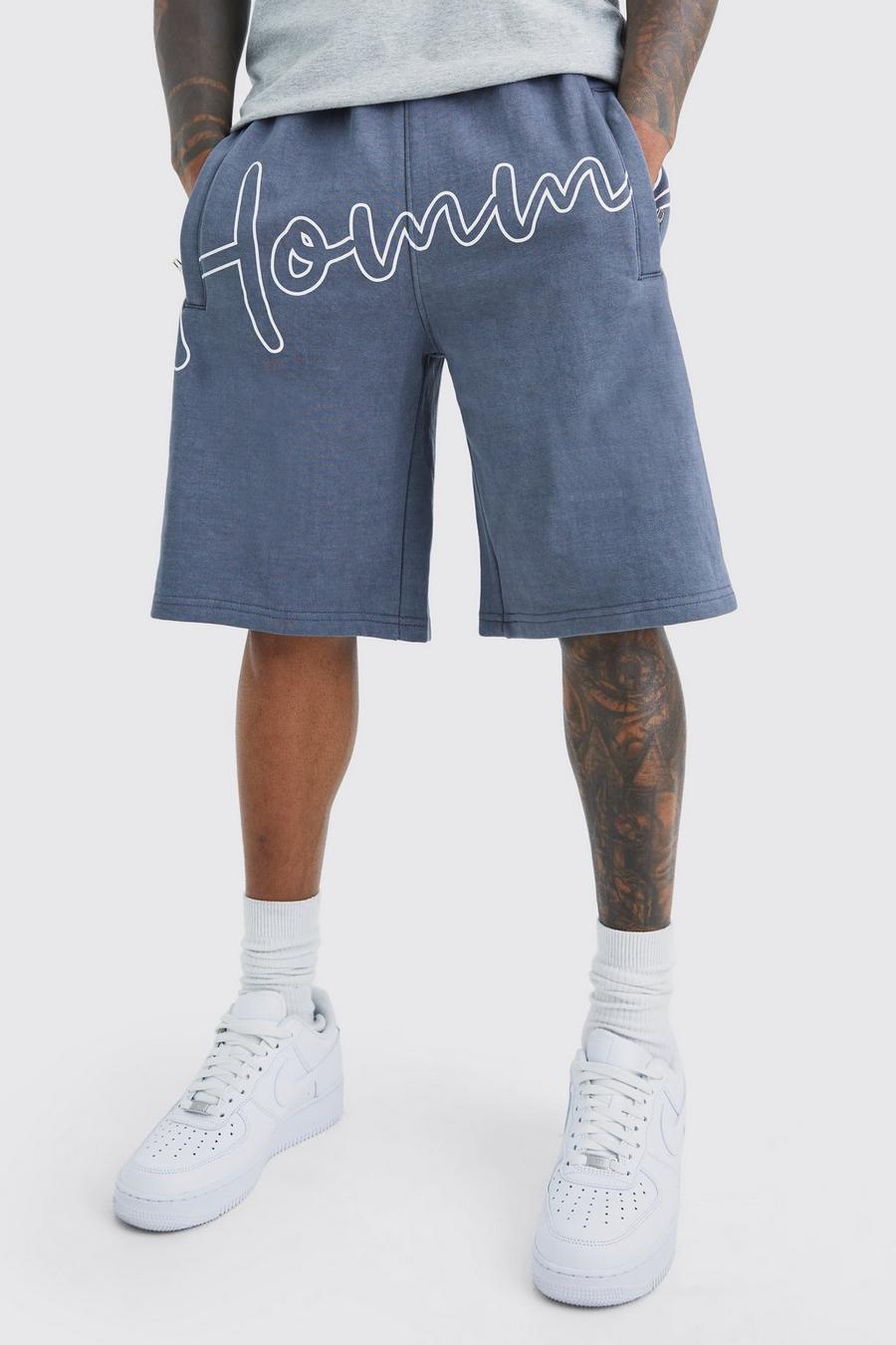 Charcoal grey Gebleekte Middellange Baggy Homme Shorts Met Print