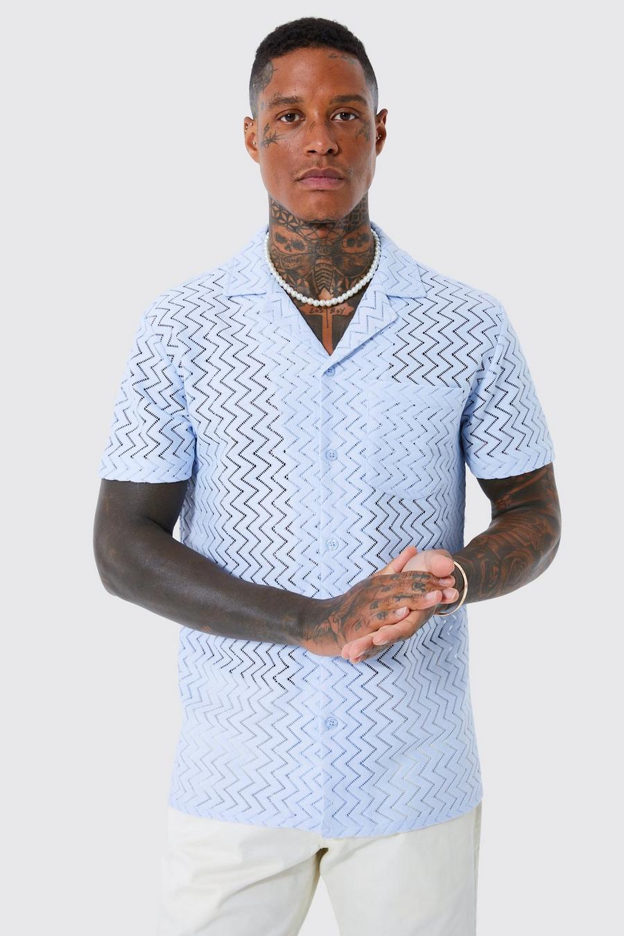 Kurzärmliges gehäkeltes Hemd mit Zick-Zack Print, Light blue image number 1