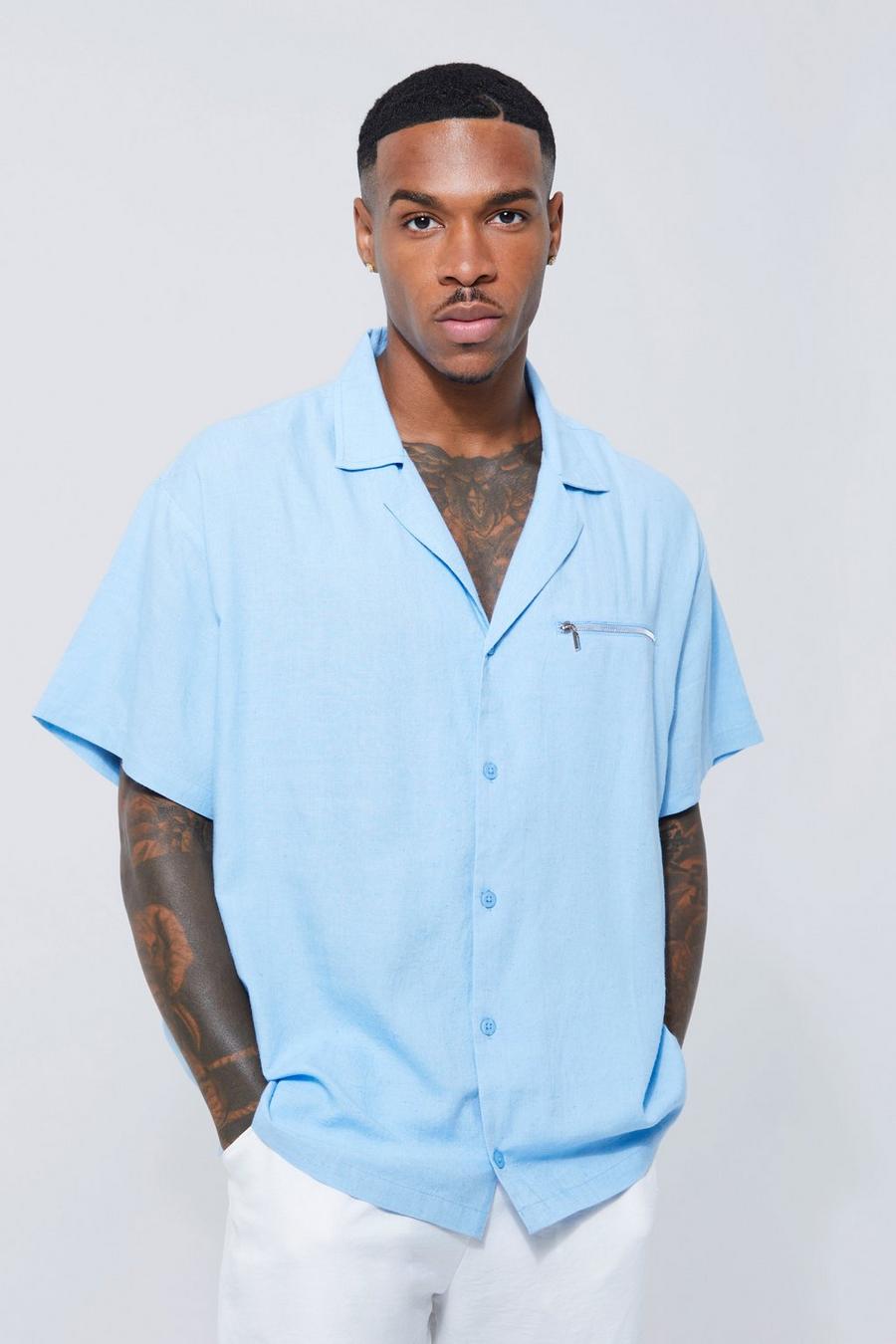 Blue Kortärmad skjorta i linnetyg med bowlingkrage image number 1