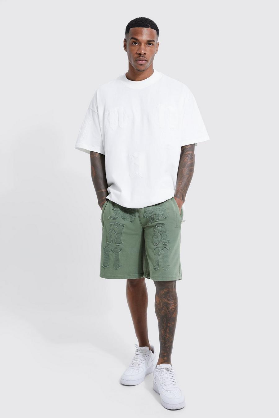 Olive green Oversized Man Applique Washed T-shirt & Short Set