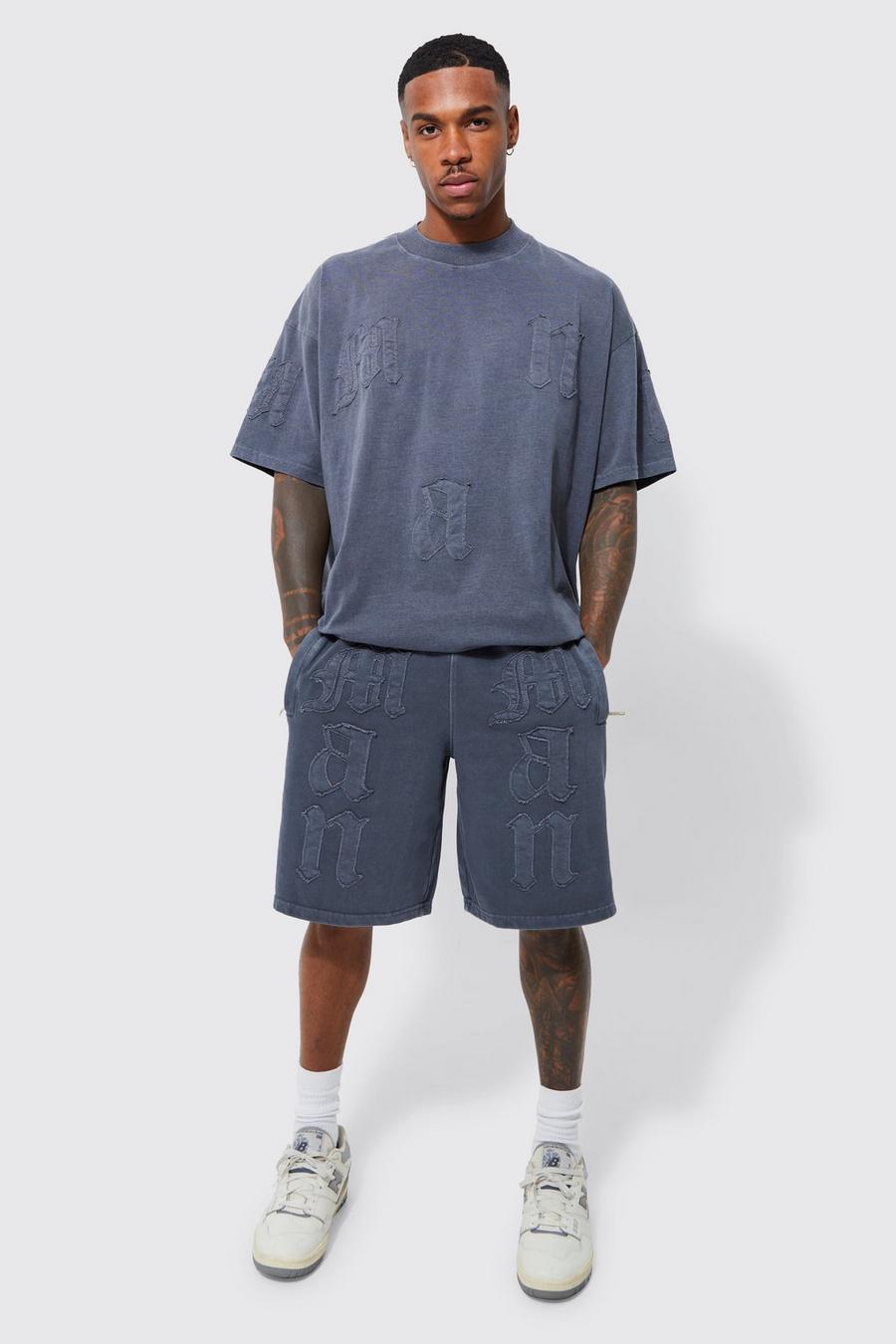 Oversized Man Applique Washed T-shirt & Short Set , Charcoal grigio