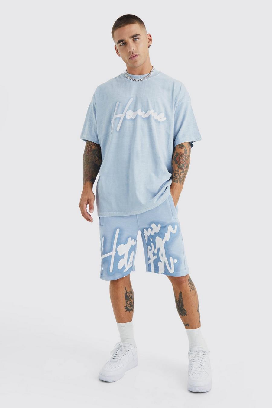 T-shirt oversize imprimé graffiti avec t-shirt et short, Light blue blau