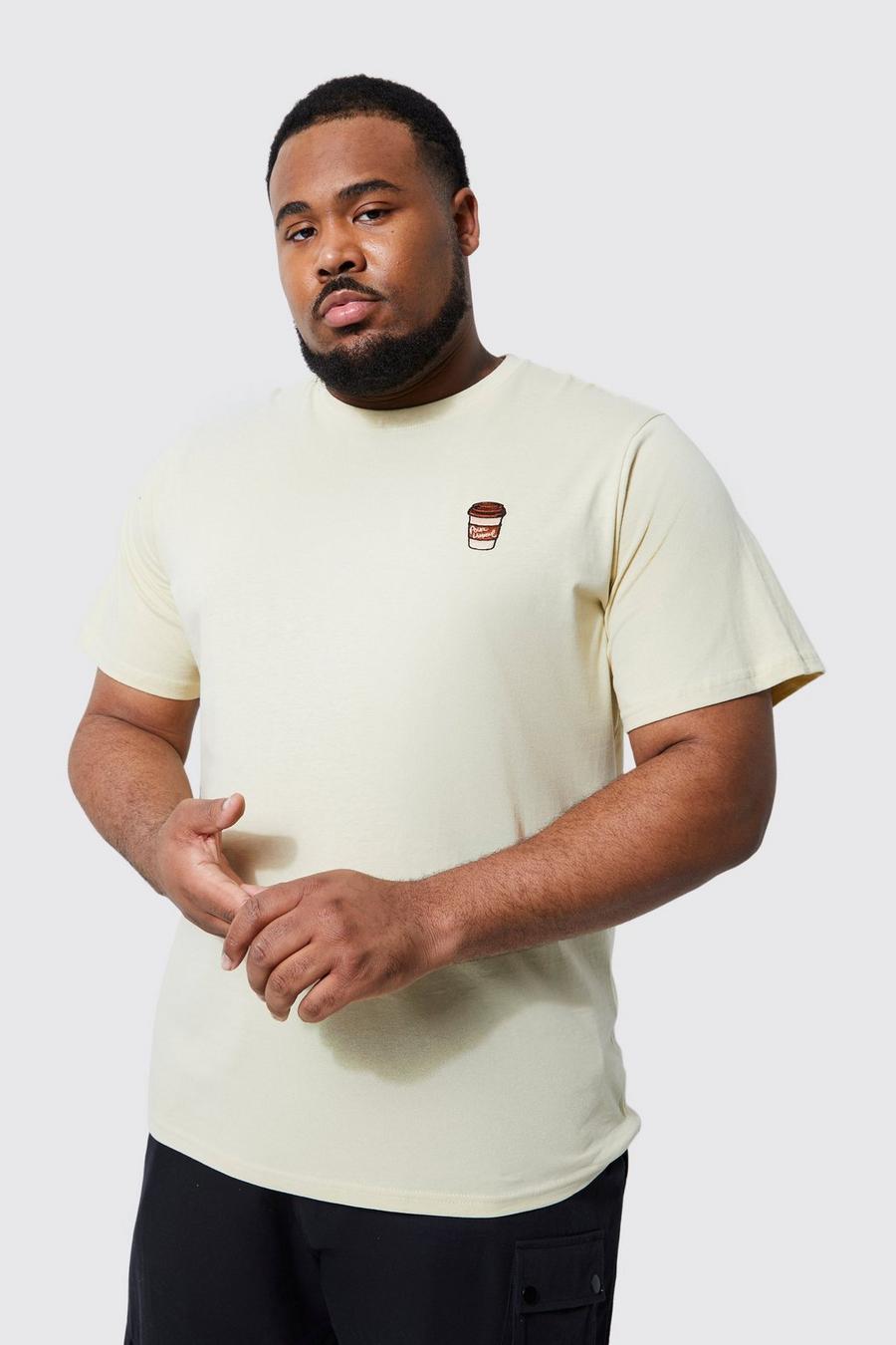 Sand beige Plus Regular Fit Coffee Embroidered T-shirt
