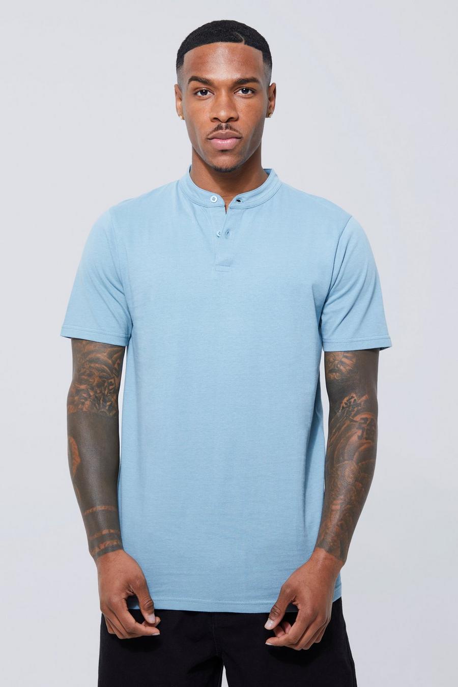 Slim-Fit Poloshirt mit Grandad-Kragen, Dusty blue image number 1