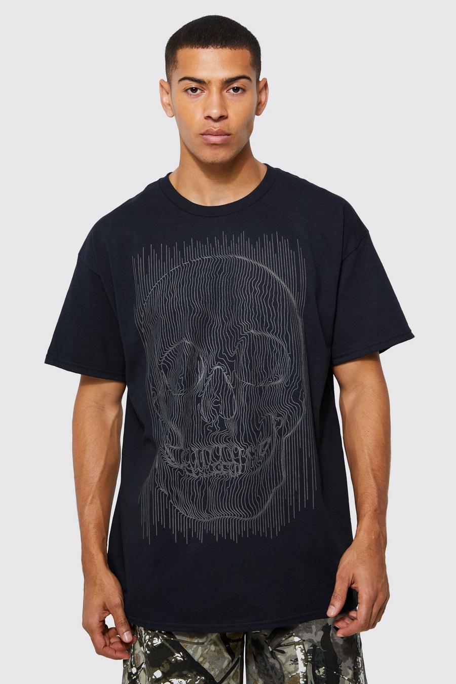 Black Oversized Skull Raised Print T-shirt image number 1