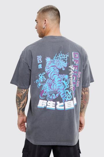 Oversized Overdye Tiger Graphic T-shirt charcoal