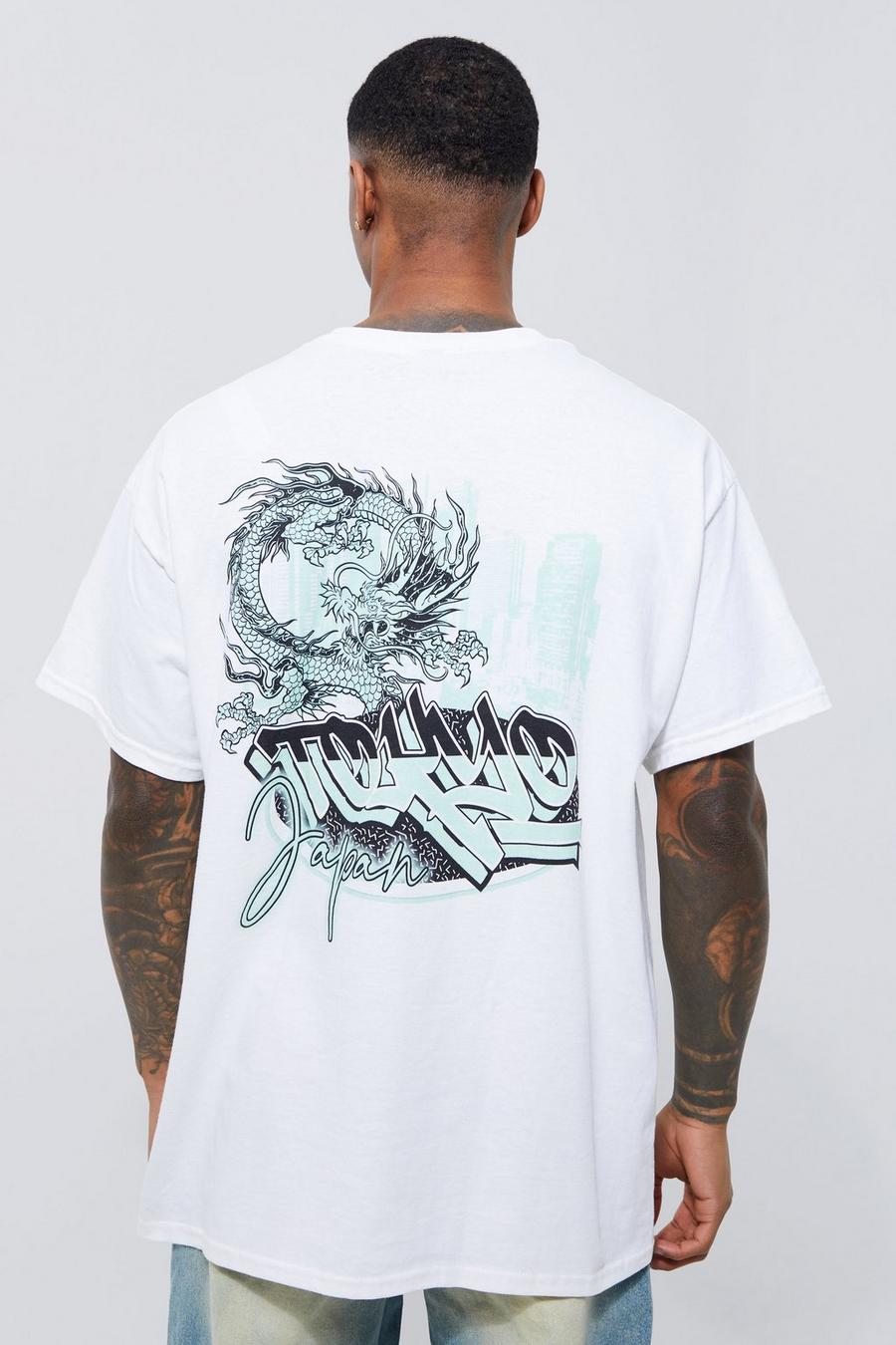 Camiseta oversize con estampado gráfico de dragón Tokyo, White image number 1