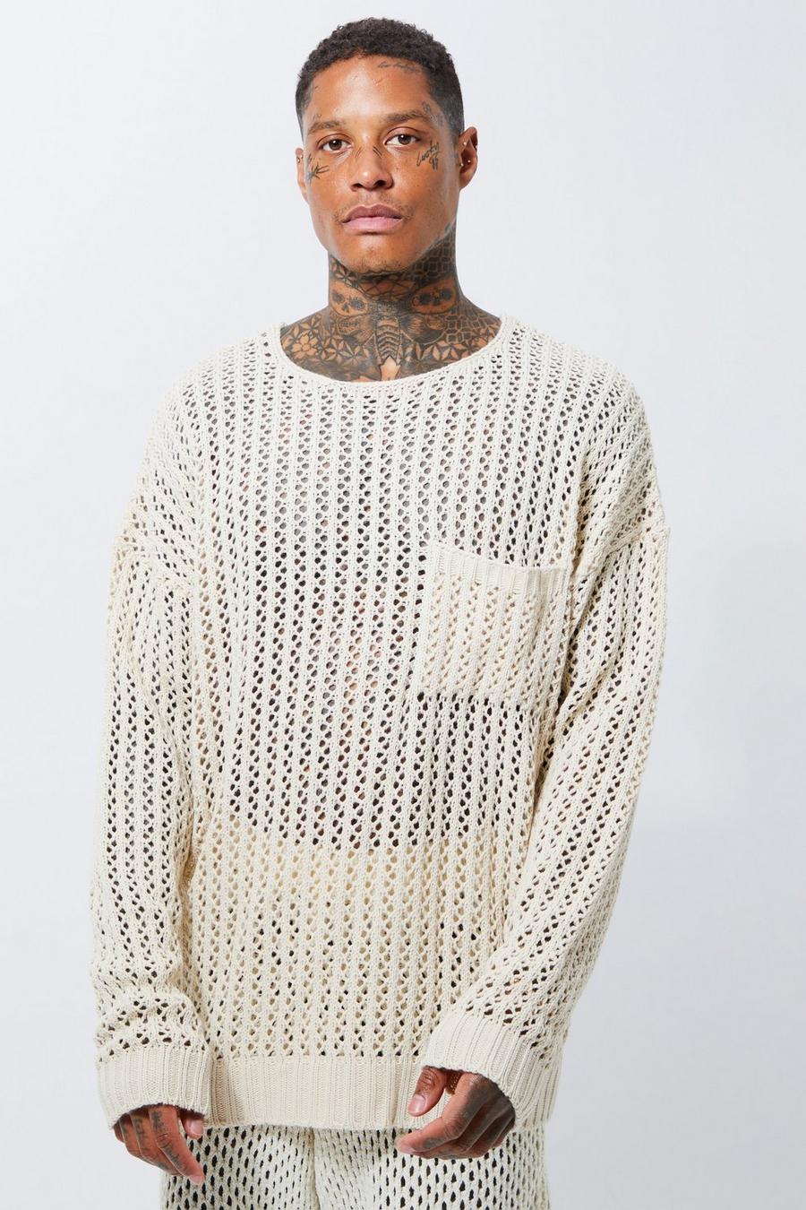 Stone Oversized Open Knit Jumper With Pocket image number 1