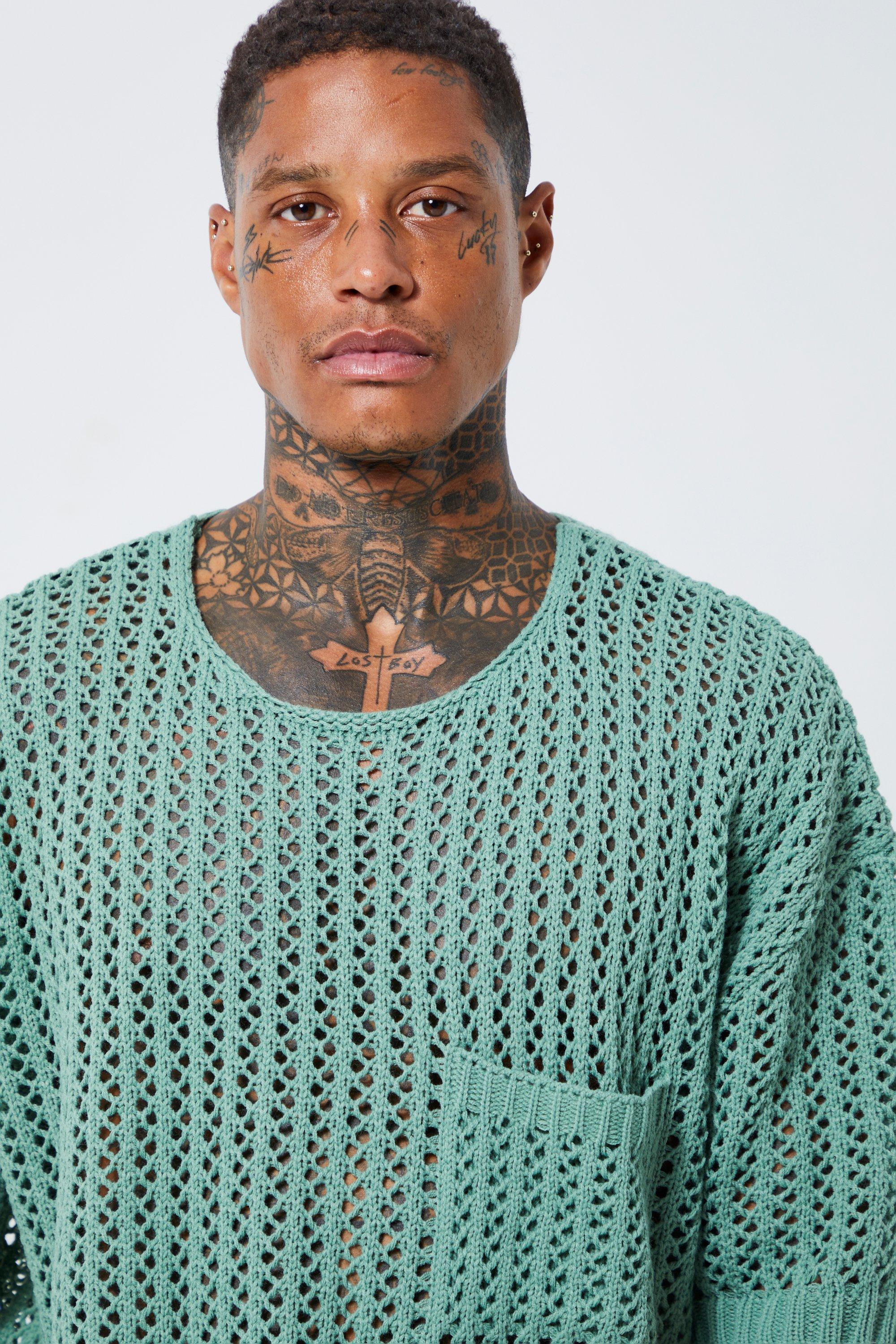 Oversized Open Knit Tshirt With Pocket | boohoo