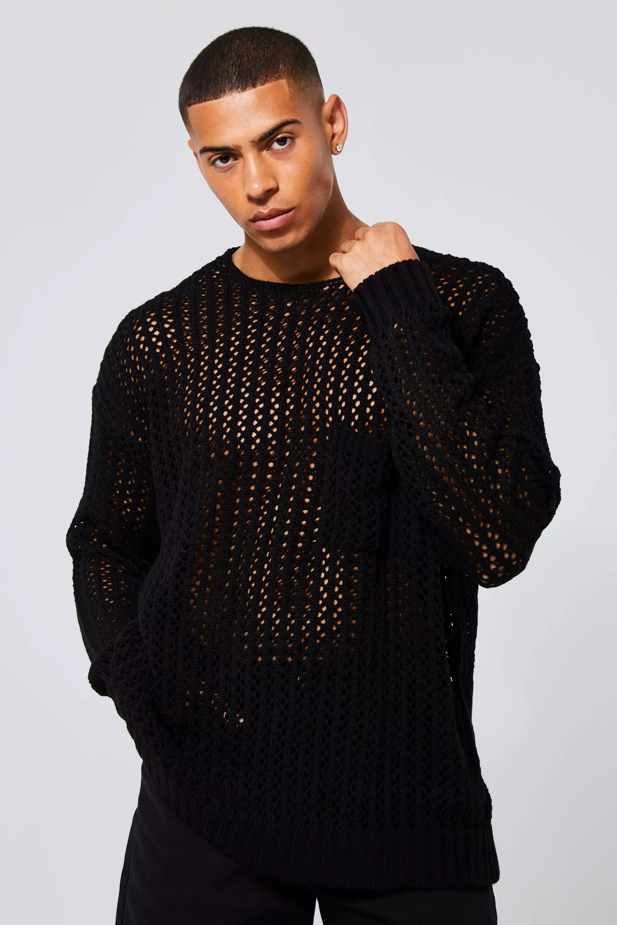 Black Oversized Open Knit Jumper With Pocket alternative image