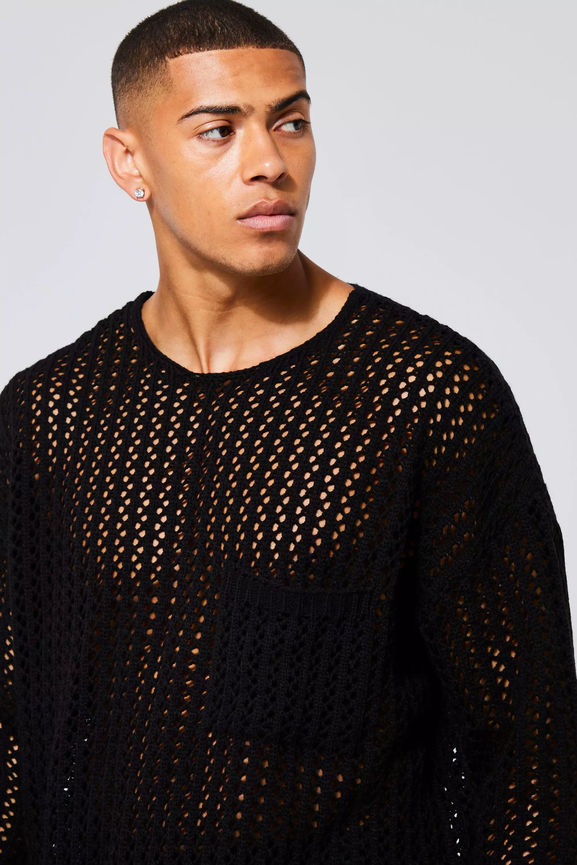 Black Oversized Open Knit Jumper With Pocket alternative image