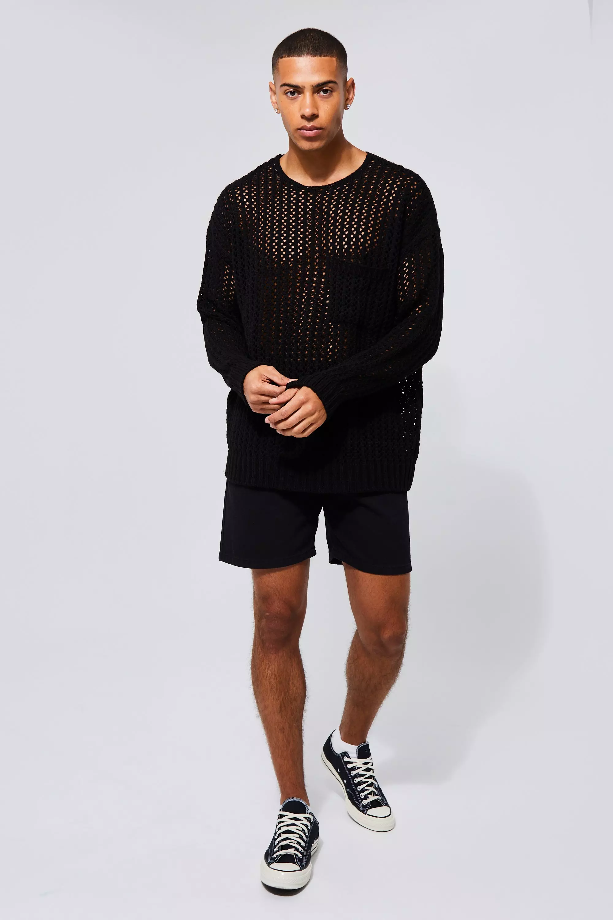 Black Oversized Open Knit Jumper With Pocket alternative image