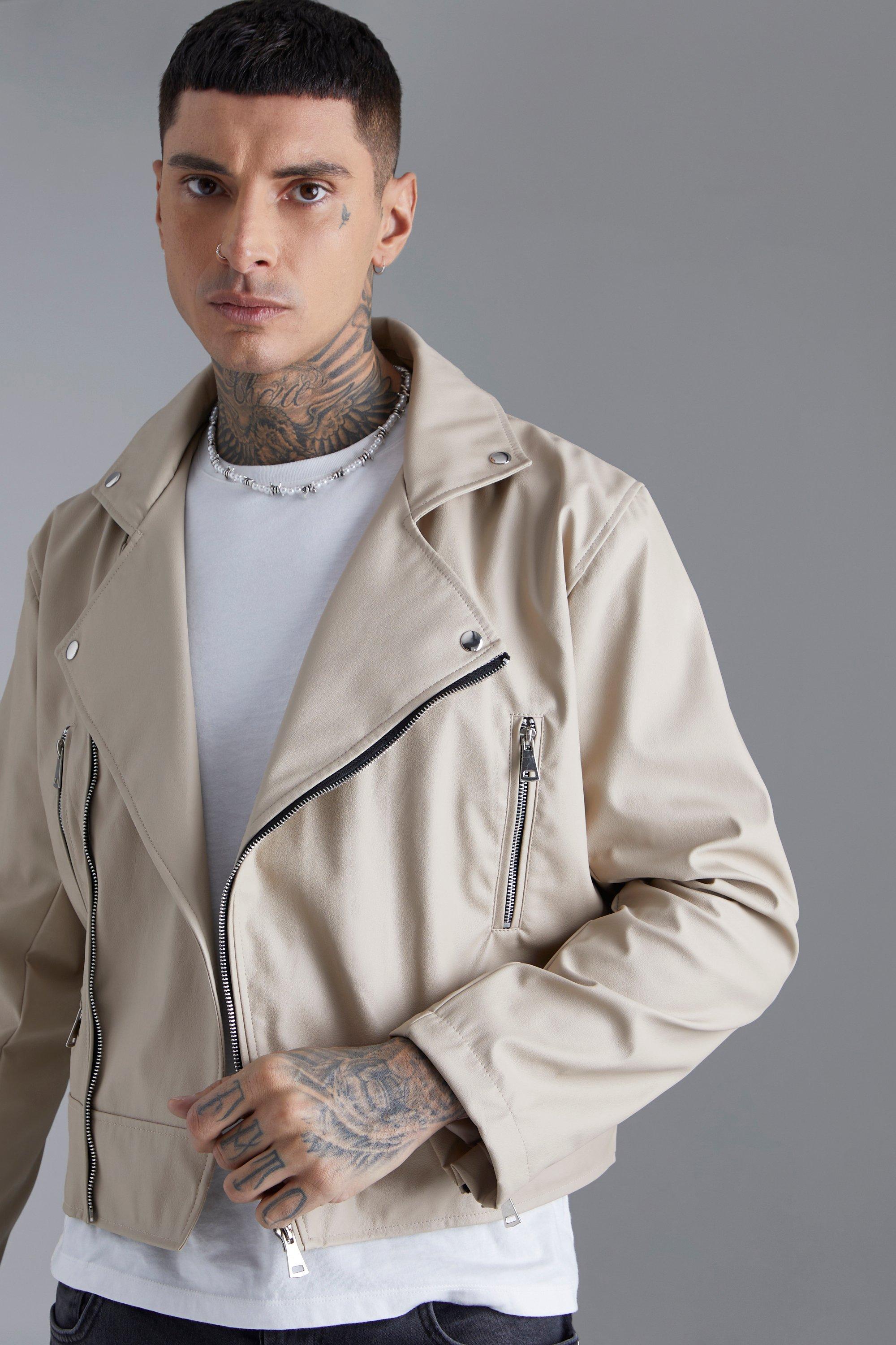 Beige leather 2025 biker jacket