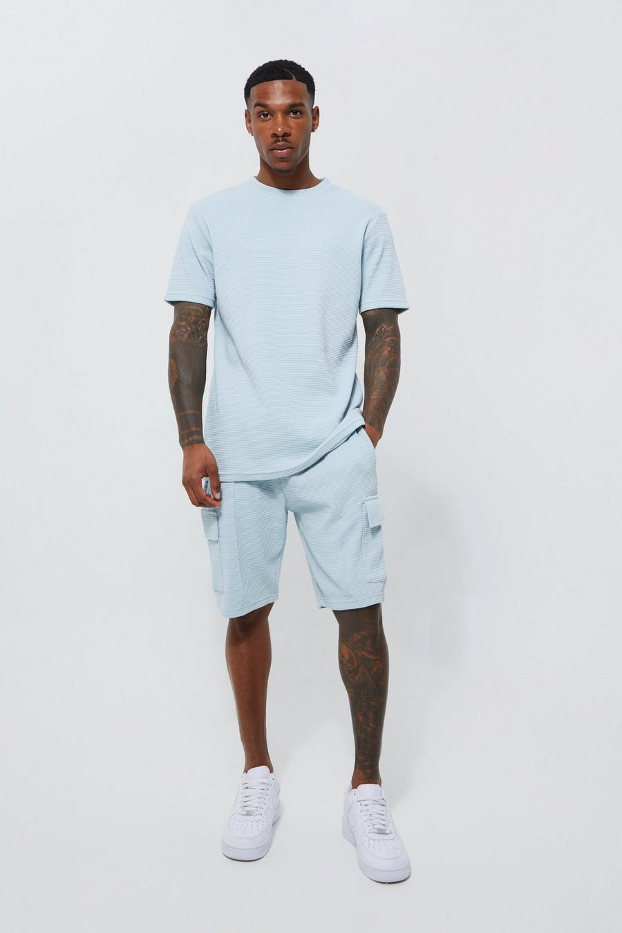Light blue Slim Fit Double Knit T-shirt & Cargo Short Set image number 1