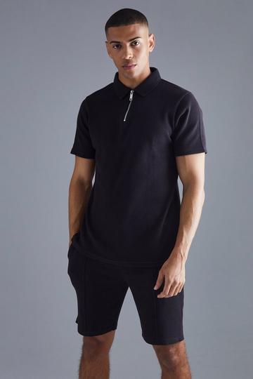 Black Slim Fit Waffle Polo & Short Set