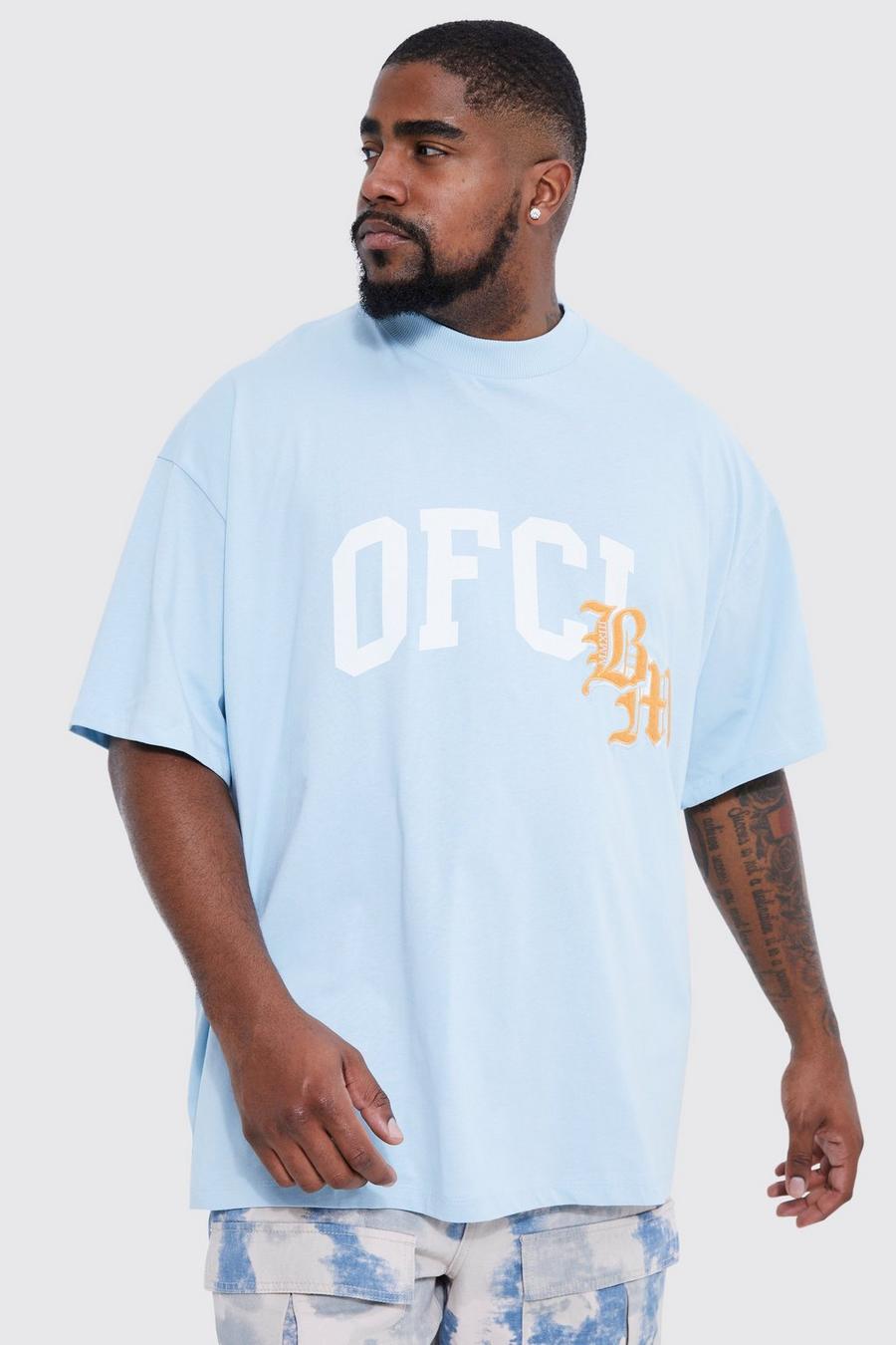 T-shirt Plus Size oversize Ofcl stile Varsity con applique, Light blue azul