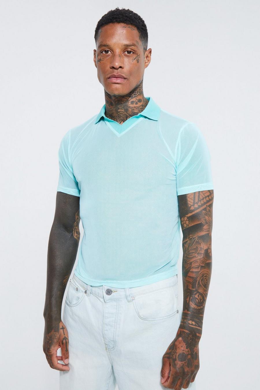 Bright blue Slim Fit Cropped Mesh Polo Shirt 
