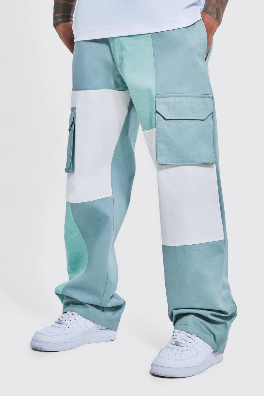 Pantaloni Cargo rilassati a blocchi di colore con vita fissa, Blue image number 1