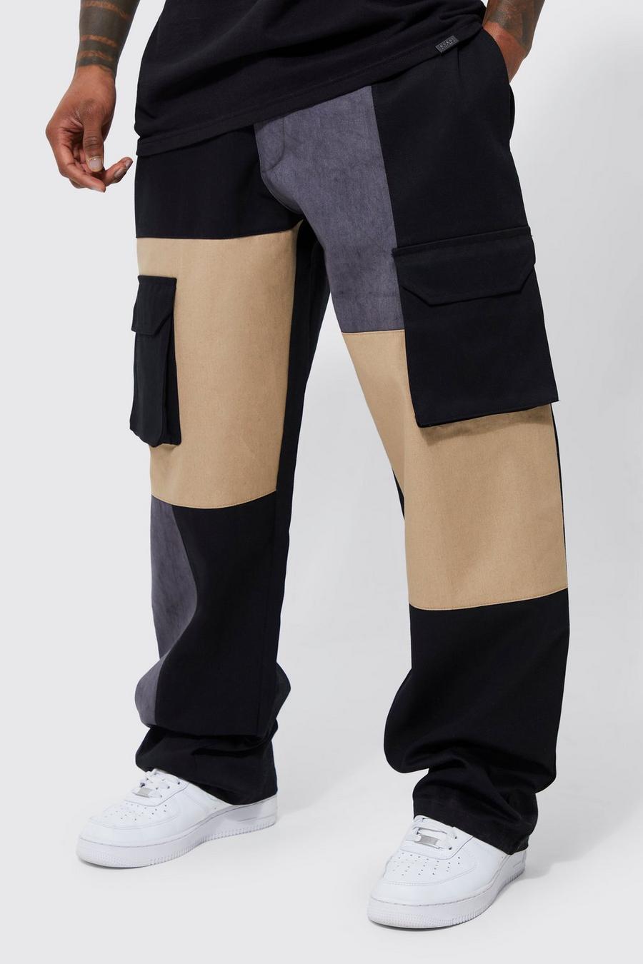 Pantalón cargo holgado con colores en bloque y cintura fija, Black