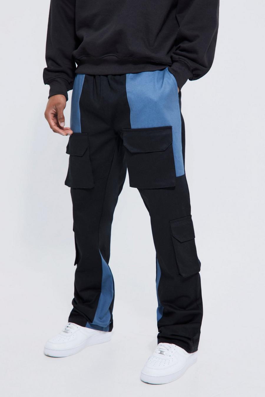 Pantalón cargo ajustado de campana con colores en bloque, Black image number 1