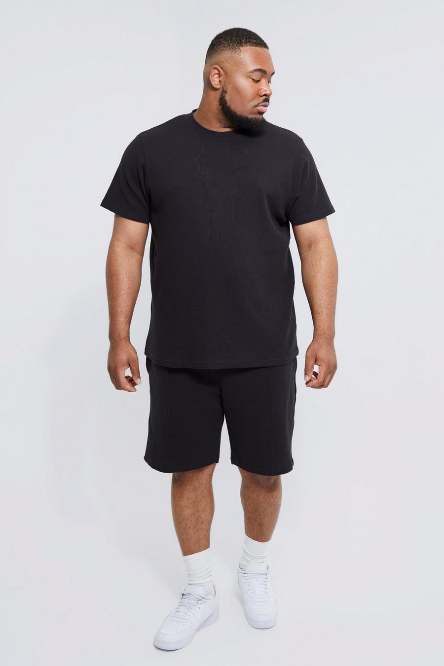 Black Plus Slim Fit Waffle T-shirt & Short Set image number 1
