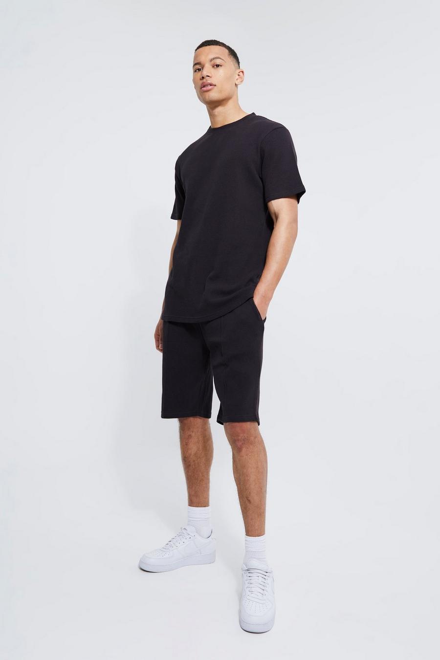 Black Tall Wafel Gebreid Slim Fit T-Shirt En Shorts Set image number 1