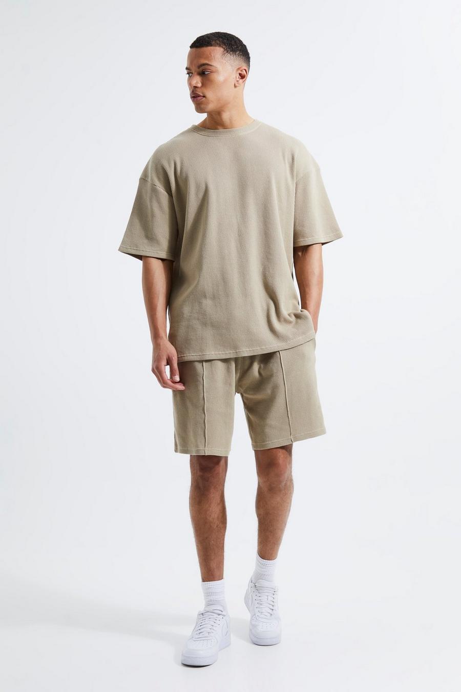 Taupe Tall Oversized Wafel Gebreid T-Shirt En Shorts Set image number 1