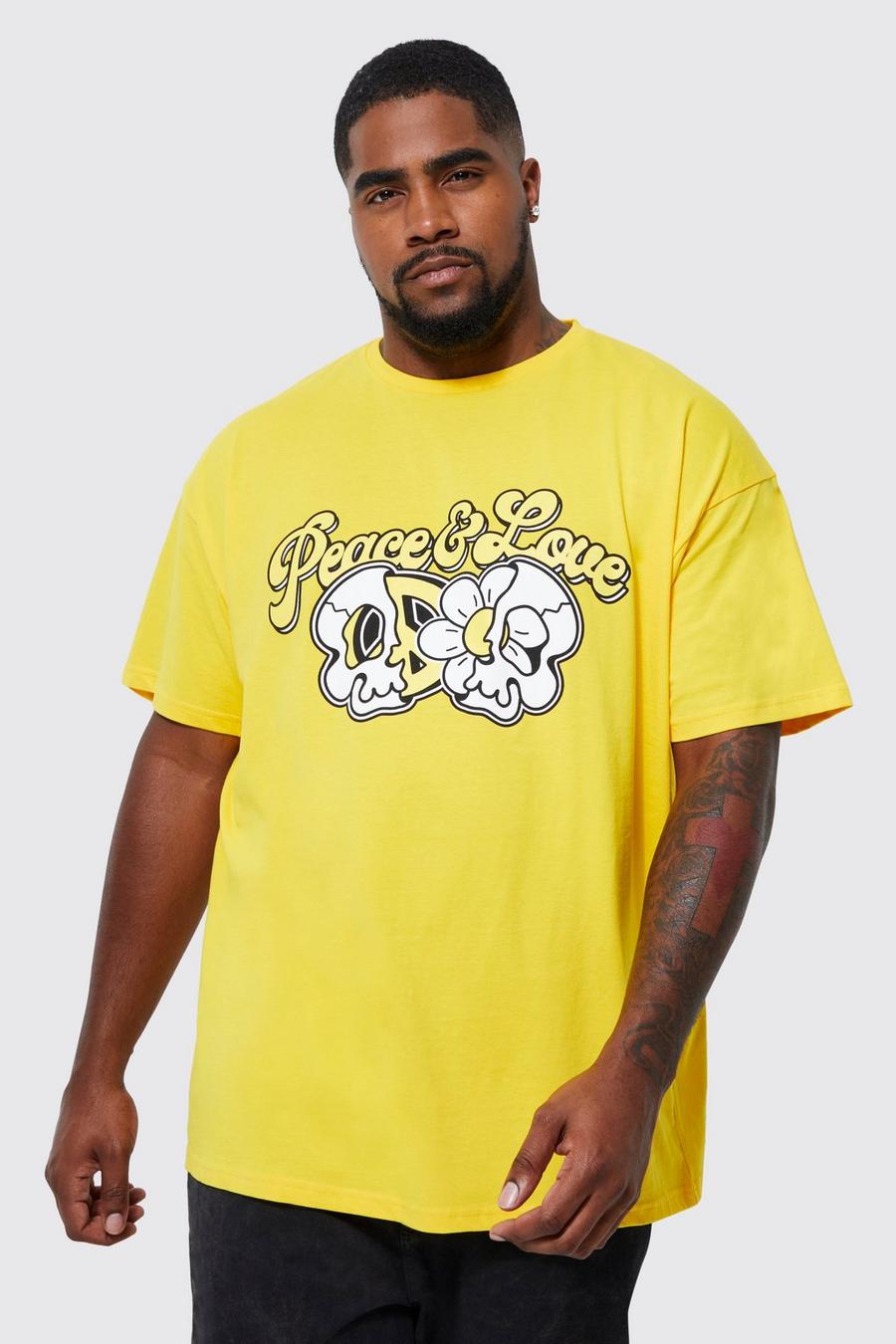 Plus T-Shirt mit Peace & Love Print, Yellow jaune