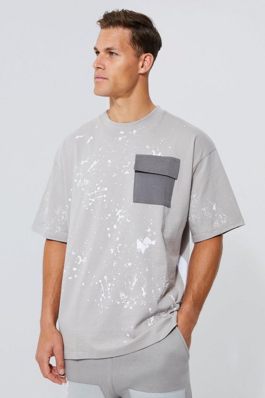 Grey gris Tall Oversized Gusset Paint Splatter T-shirt