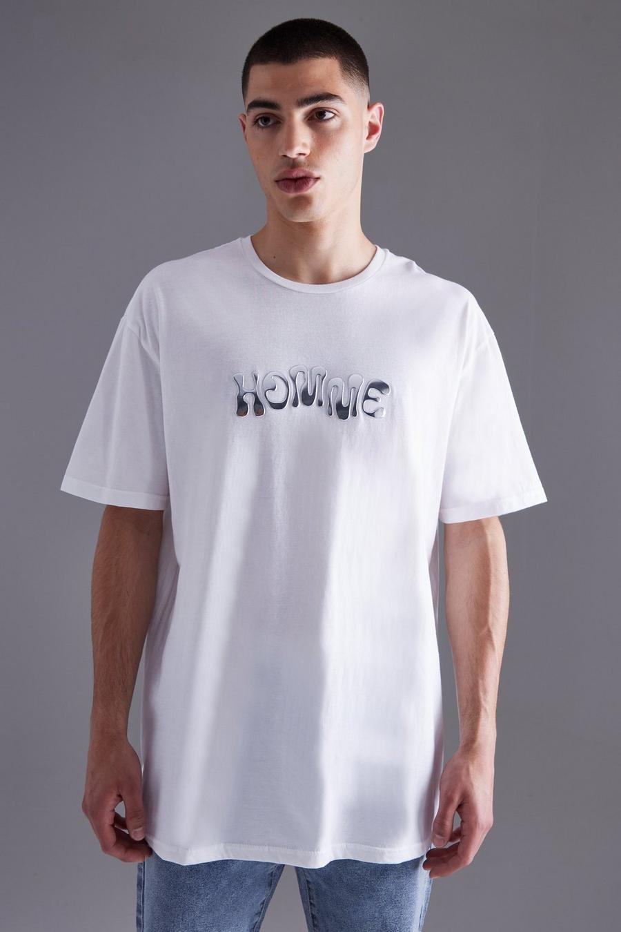 Oversize T-Shirt mit Homme Metallic Logo, White image number 1