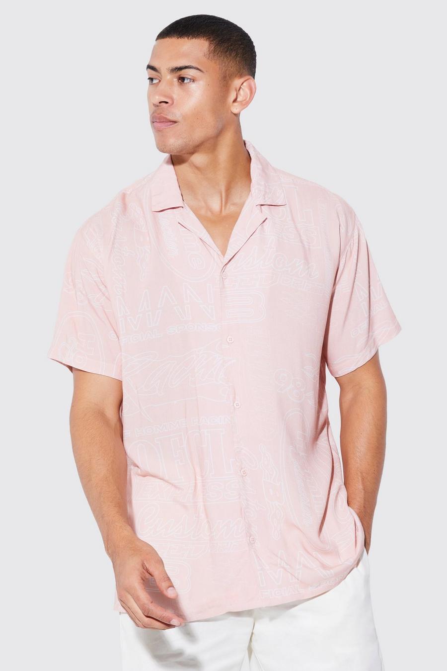 Pale pink Short Sleeve Oversized Viscose All Over Artwork Shirt image number 1