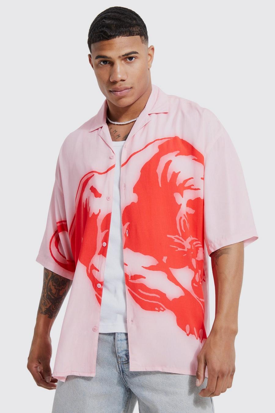 Camicia squadrata oversize a maniche corte in viscosa con linea Panther, Pale pink image number 1