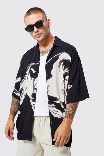 Short Sleeve Oversized Boxy Viscose Line Panther Shirt ecru