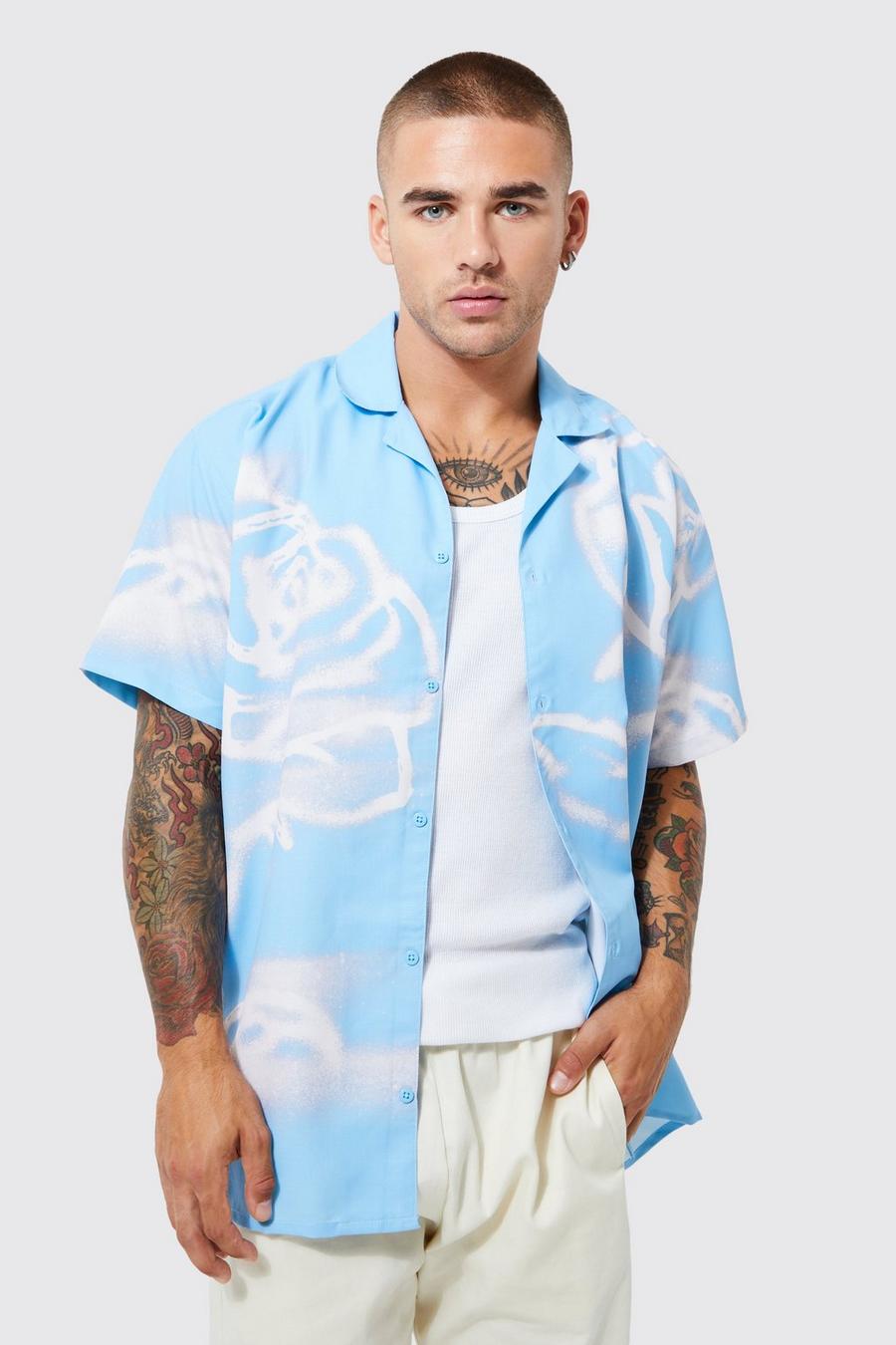 Camicia oversize a maniche corte in tessuto fiammato con spray Rose, Pale blue image number 1